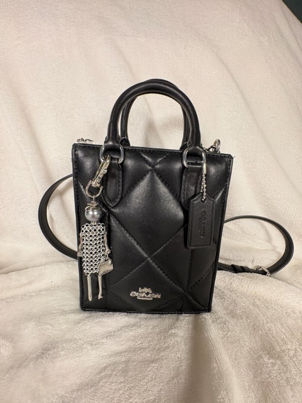 Coach North South Mini Tote in Black with Puffy Diamond Quilting and Charm